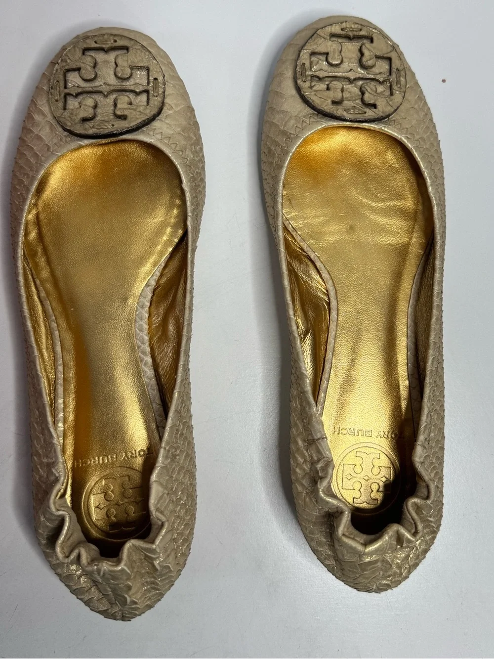 Tory Burch Champagne Metallic Leather Logo Ballet Flats 7.5